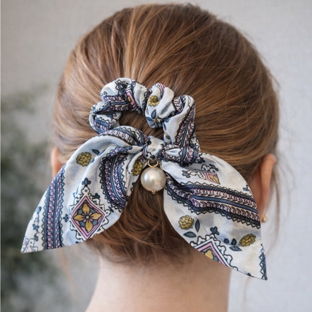 Handmade satin scrunchie with faux pearl